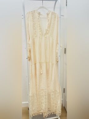 Boho Tassel Peasant Dress in Soft Cream